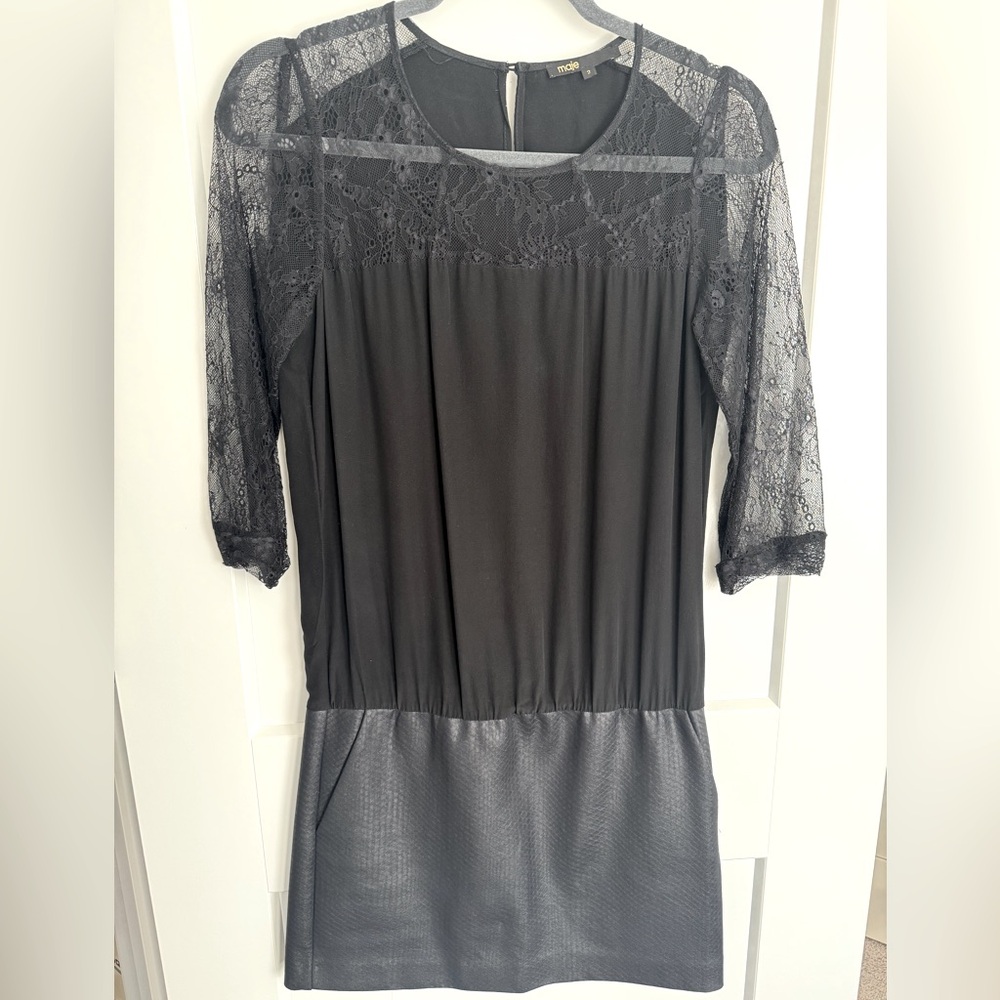 Maje Black Silk Drop Waisted Mini Dress with Laced Sleevess